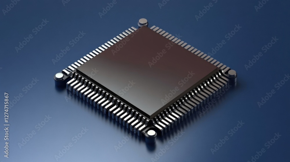 Poster modern microchip floating against a deep blue cyber-themed gradient.