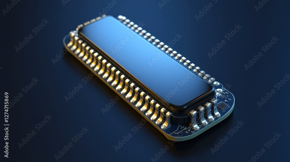 Poster modern microchip floating against a deep blue cyber-themed gradient.