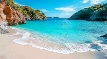 Obraz premium Panoramic view of a tropical island with turquoise clear water, white sandy beach, and vibrant coral reef under a bright sunny sky, paradise vacation concept.