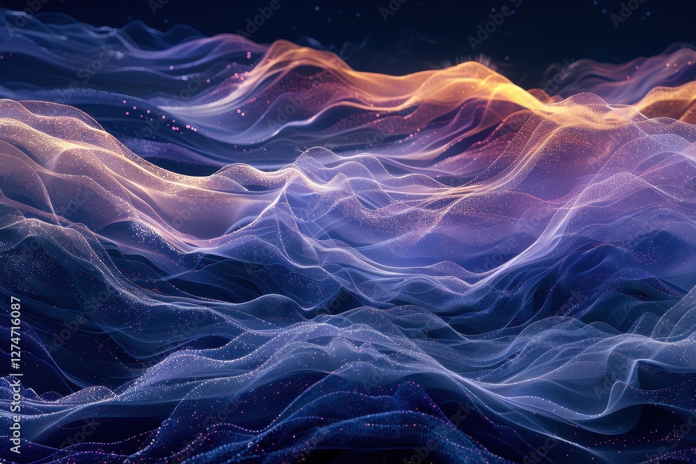 Poster digital waves of light and color create a stunning abstract landscape during twilight hours in a vir