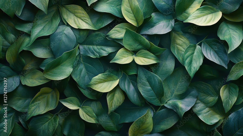 Poster lush green leaves with varied shapes and textures creating a natural pattern