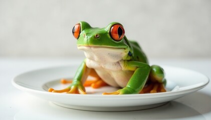 Frog sits on a white plate with a plate on top , greenery, white, frog