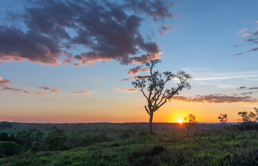 sunset in the countryside with trees and mountains