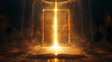 Ancient illuminated manuscript transforming into holographic ar display sacred text glowing with divine light. Holographic Sacred Symbols. Illustration