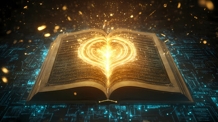 Ancient illuminated manuscript transforming into holographic ar display sacred text glowing with divine light. Holographic Sacred Symbols. Illustration