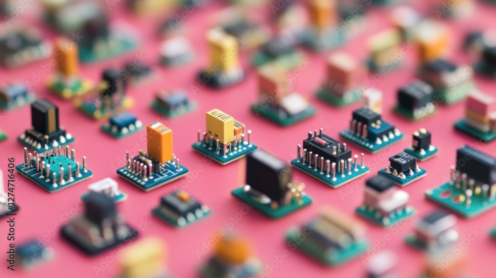 Poster neatly arranged array of transistors on a pastel-colored smooth surface.