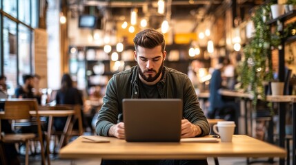 Fototapeta premium Freelancer working on a project in a coworking space. He's reading news online while having coffee. Or a student studying online.