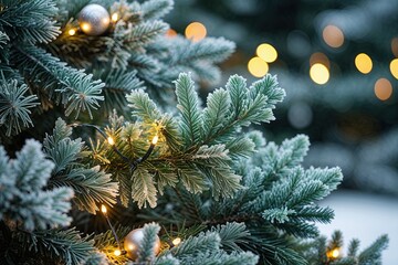 Classic Christmas Scene with Frost-Kissed Spruce Branches and Radiant Holiday Lights