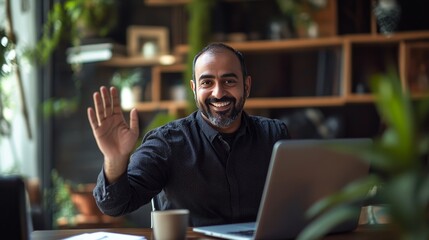 Fototapeta premium Indian businessman leads an online meeting or webinar, waving to participants. He works remotely from home, participating in a hybrid office setup.