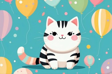 Minimalist fantasy whimsical domestic cute cartoon cat animal with pastel color background 
illustration texture design.
