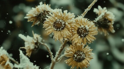 Snow-covered sunflowers winter wonderland photograph nature close-up seasonal beauty