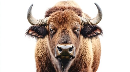 Carpathian buffalo, a majestic and powerful animal, presented in a portrait isolated on white, emphasizing its robust features.