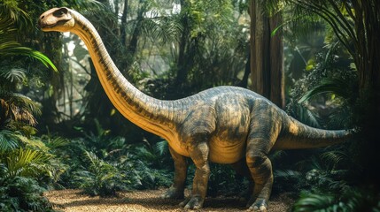 Fototapeta premium Brachiosaurus in lush forest landscape with sunlight filtering through dense foliage