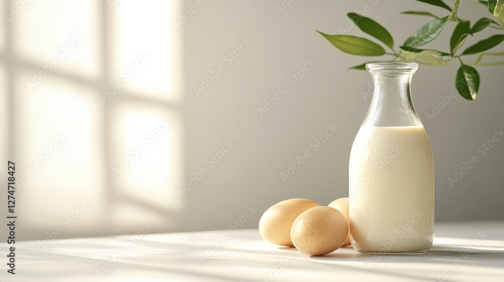 Poster fresh milk and eggs displayed on a table with soft sunlight casting gentle shadows
