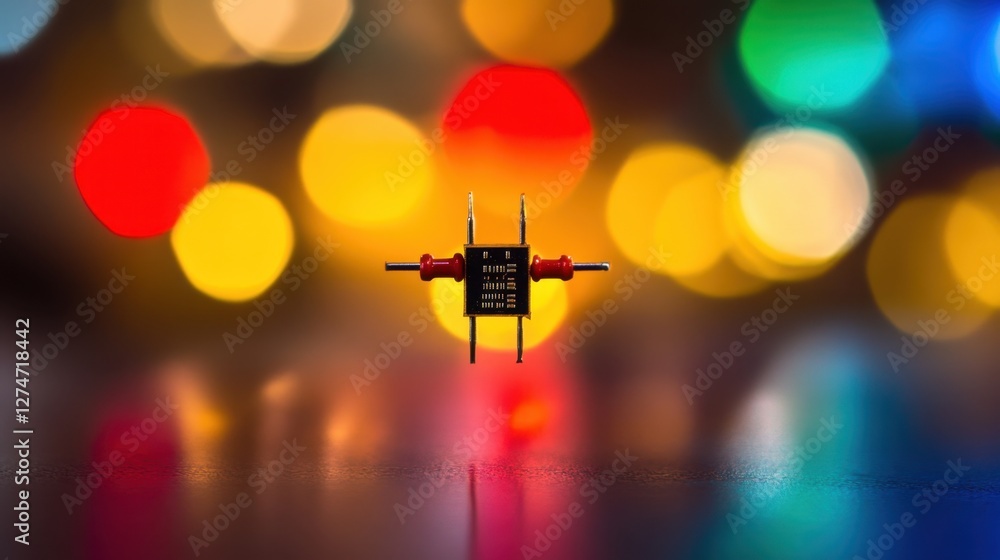 Poster small electronic transistor component floating elegantly on a vibrant tech surface.