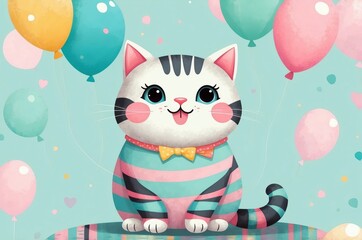 Minimalist fantasy whimsical domestic cute cartoon cat animal with pastel color background 
illustration texture design.
