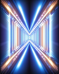 Obraz premium Bright neon beams create futuristic abstract tunnel with light particles for a dynamic background