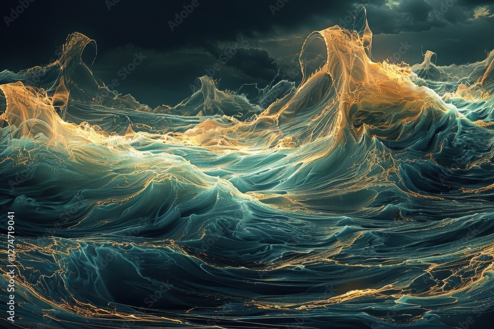 Poster digital waves of light and color create a stunning abstract landscape during twilight hours in a vir