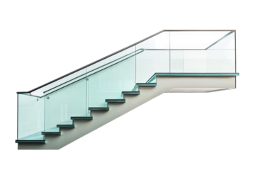 Modern staircase design showcasing glass railings and wooden steps in a bright interior space isolated on transparent background