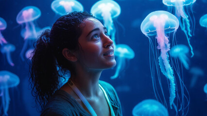 Naklejka premium Fascinated Young Woman Observing Glowing Jellyfish