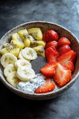 Delicious and nutritious breakfast or snack bowl filled with ripe bananas, fresh strawberries, protein-packed peas and rich yogurt.