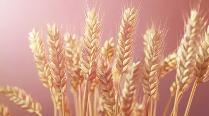 Golden wheat ears on pink background with subtle lighting
