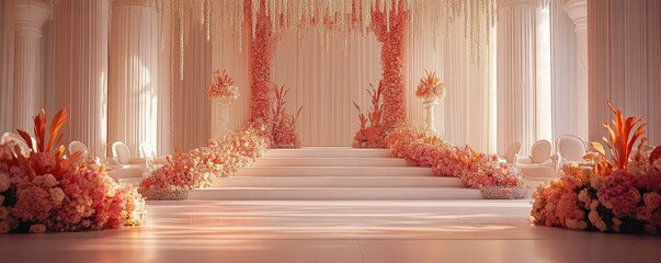 Elegant wedding stage with white columns and floral arrangements in pink and orange hues