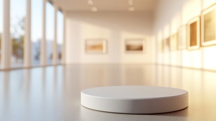 White pedestal in modern art gallery, sunlight, artwork background, product display