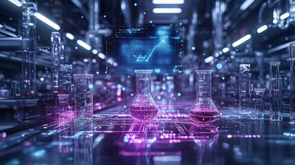 Obraz premium Surreal futuristic science lab with glowing glassware, neon purple and blue lighting, holographic projections, and advanced laboratory equipment in a high-tech fantasy setting.