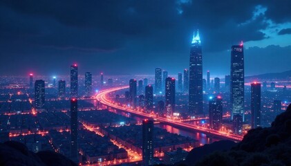 Obraz premium Futuristic Cityscape at Night , skyscrapers, futuristic, city