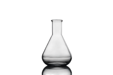 A clear laboratory flask reflecting softly on a smooth surface under bright light isolated on transparent background