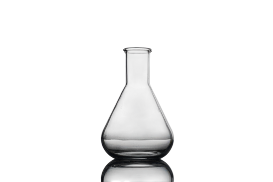 A clear laboratory flask reflecting softly on a smooth surface under bright light isolated on transparent background
