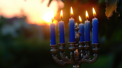 Fototapeta premium Illuminated blue and silver hanukkiah (candelabra) set against the glowing backdrop of a sunset, symbolizing freedom, light, and hope.