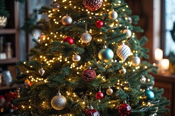 Brilliantly Decorated Christmas Tree with Glowing Lights and Festive Ornaments
