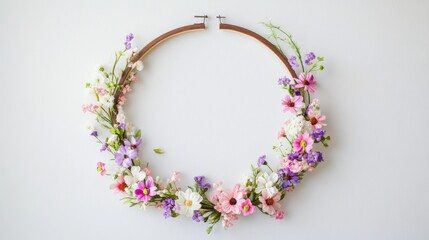 Spring wreath with fresh, colorful blooms. Wooden hoop with flowers and thread adorns a white wall. Unique, handmade floral decoration.