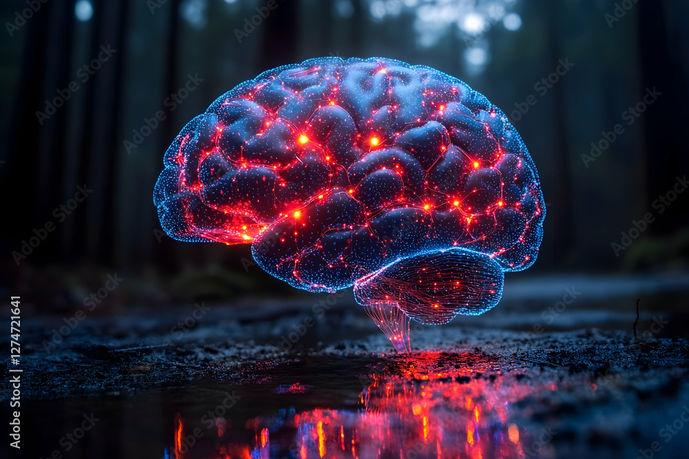 Aufkleber illuminated brain in forest puddle. abstract representation of thought process. stock photo