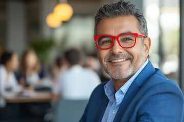 Obraz premium South American business with blue suit jacket, smile, portrait of a middle age male wearing red glasses, office background. work team in the background, out of focus