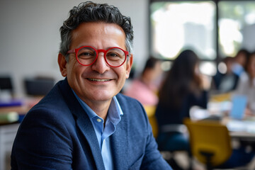 Obraz premium South American business with blue suit jacket, smile, portrait of a middle age male wearing red glasses, office background. work team in the background, out of focus