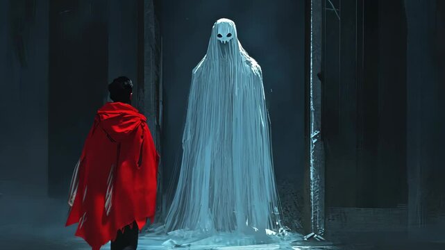 Mysterious encounter between a cloaked figure and a ghostly presence in an eerie setting