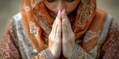 A woman in traditional Muslim attire, including a hijab and modest clothing, engaging in prayer with her hands raised.