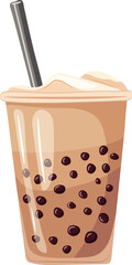 Coffee with milk and boba pearls in a takeaway cup. Vector clipart, illustration with isolated background.