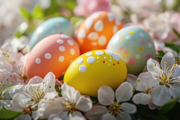 Obraz premium Colorful polka-dotted eggs in a grassy field.