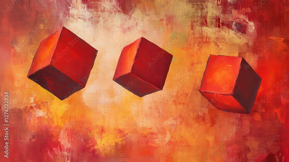Poster three red cubes suspended in abstract orange background with textured brush strokes