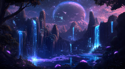 Obraz premium Enchanting exoplanet oasis iridescent waterfalls floating islands and bioluminescent wonders a highly detailed whimsical. Iridescent Alien Oasis. Illustration