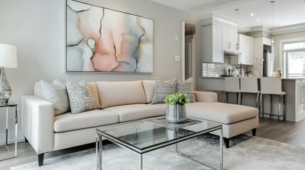 Modern Living Room with Beige Sectional Sofa, Abstract Art, and Glass Coffee Table