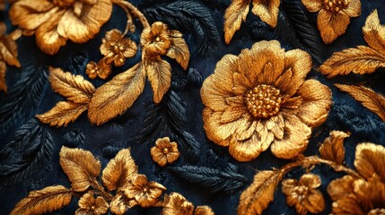 Fototapeta premium Golden embroidery on black fabric featuring floral patterns and leafy designs