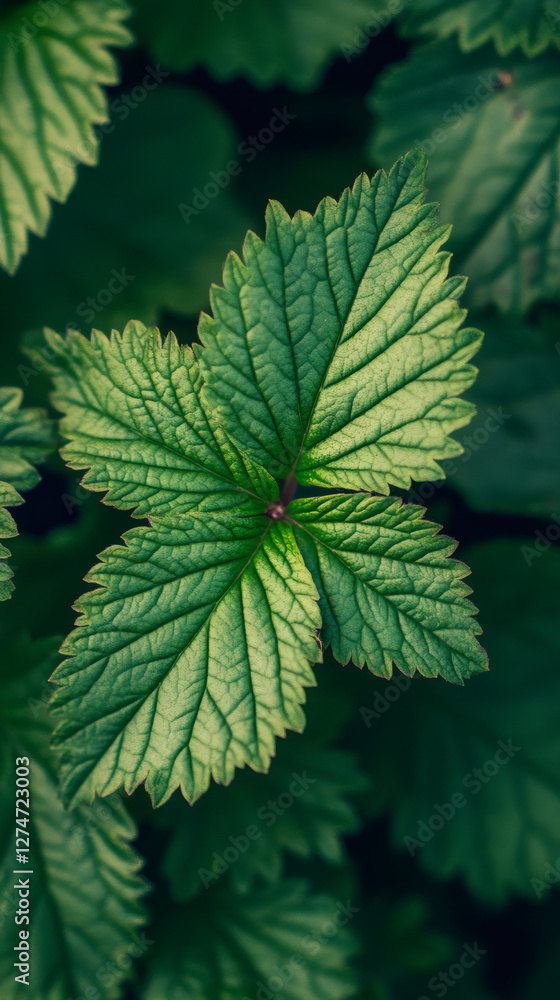 Poster vibrant green leaf with serrated edges highlights intricate veins against a backdrop of similar foli