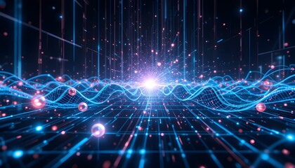 Obraz premium Digital Pulse Energy Flow Through Glowing Grid