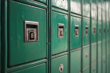 Rows of green metal lockers for secure storage. Suitable for school or college campuses.