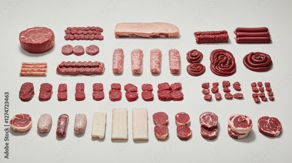 Poster assorted cuts of raw meat displayed neatly on a white background for culinary use and marketing